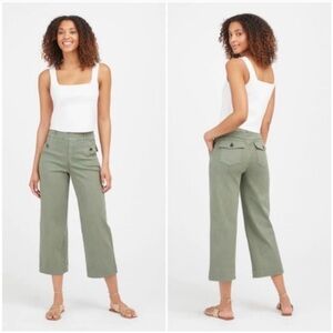 SPANX Stretch Twill Cropped Wide Leg Pants Olive Green Sz S 4-6
